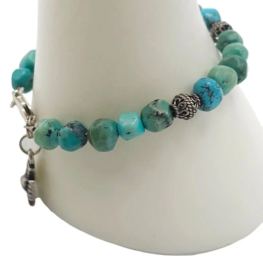925 Sterling Silver Maltese Cross Blue Turquoise Beaded Bangle Bracelet Vintage